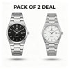 Pair of steel quartz wristwatches with black and light gray dials on metal bracelets