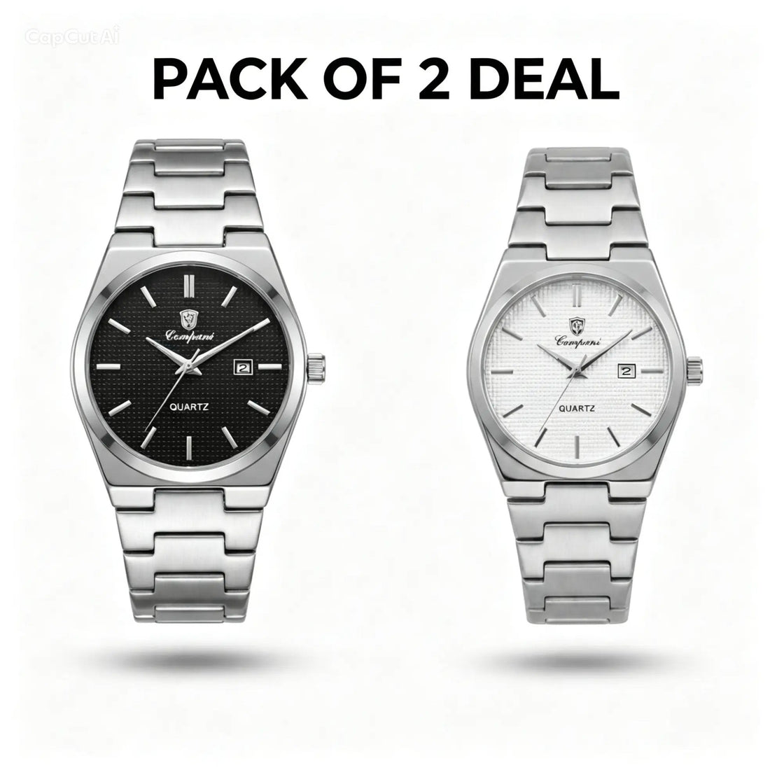 Pair of steel quartz wristwatches with blue and light gray dials on metal bracelets