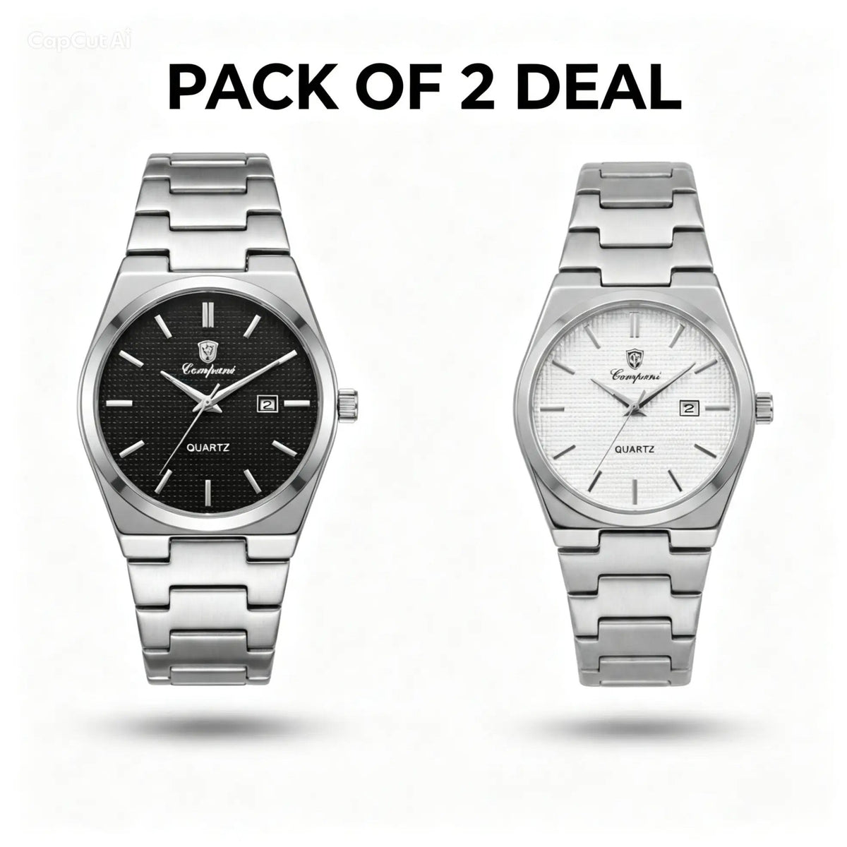 Pair of steel quartz wristwatches with black and light gray dials on metal bracelets