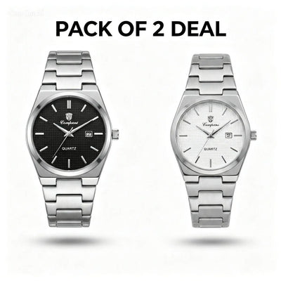 Pair of steel quartz wristwatches with black and light gray dials on metal bracelets