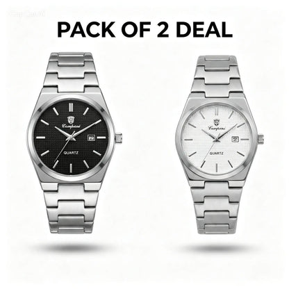Pair of steel quartz wristwatches with black and light gray dials on metal bracelets