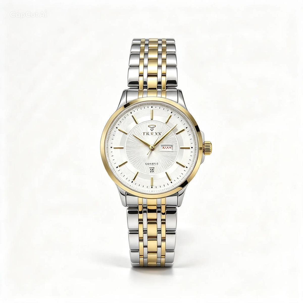 Two-tone bracelet watch with silver dial, gold hour markers, round case and crown