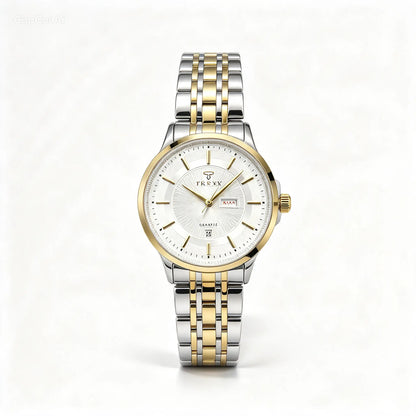 Two-tone bracelet watch with silver dial, gold hour markers, round case and crown