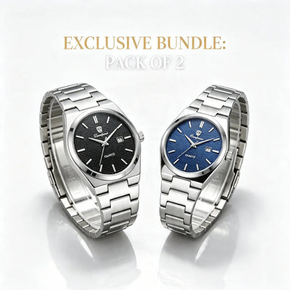 Pair of steel quartz wristwatches with black and blue dials on metal bracelets
