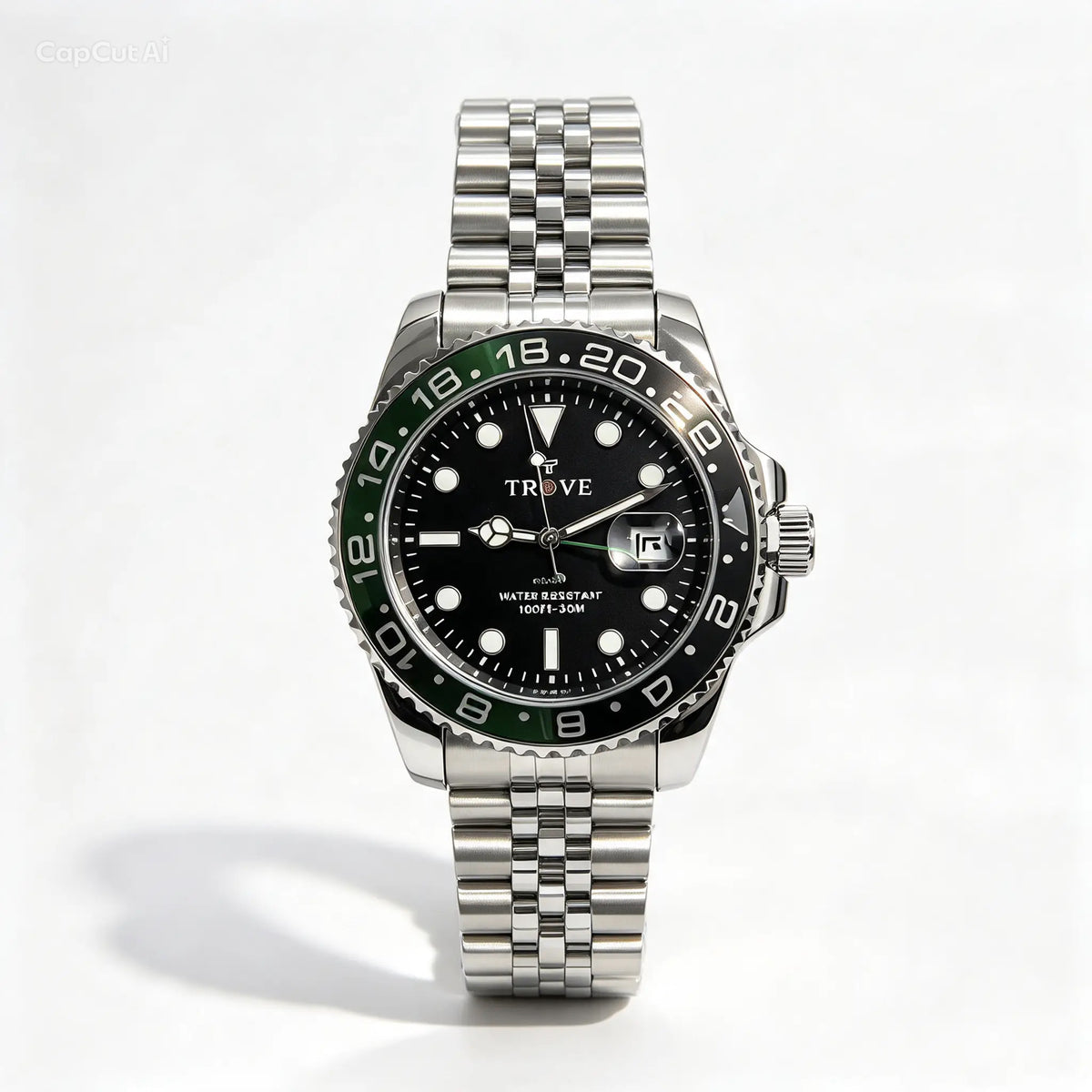 Men's stainless steel watch with black dial and green bezel accents