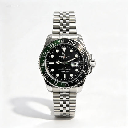 Men's stainless steel watch with black dial and green bezel accents