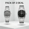 Pair of steel quartz wristwatches with dark gray and black dials on metal bracelets