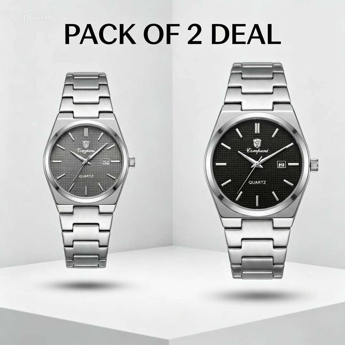 Pair of steel quartz wristwatches with dark gray and black dials on metal bracelets