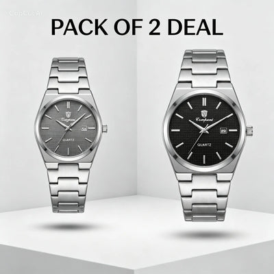Pair of steel quartz wristwatches with dark gray and black dials on metal bracelets