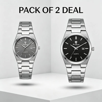 Pair of steel quartz wristwatches with dark gray and black dials on metal bracelets