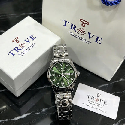 Silver diamond-cut glass watch with green dial, with brand gift boxes