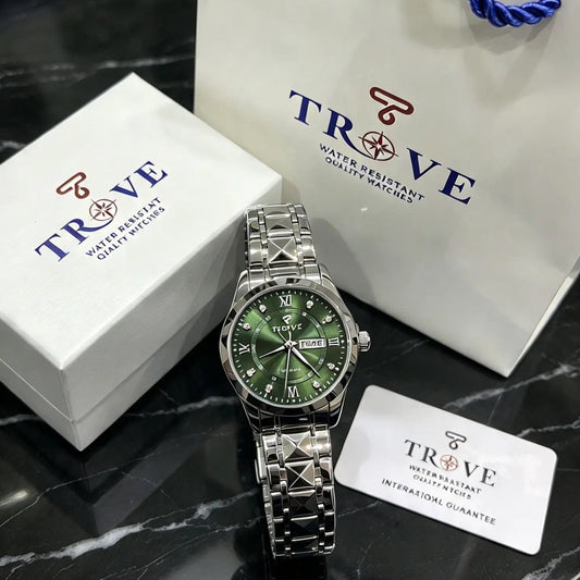 Silver diamond-cut glass watch with green dial, with brand gift boxes