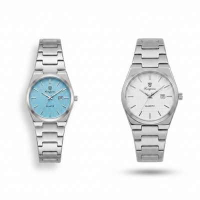 Pair of steel quartz wristwatches with light blue and light gray dials on metal bracelets