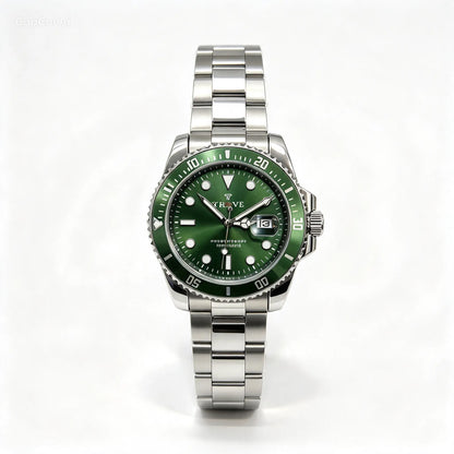Men's stainless steel watch with green dial and matching green bezel