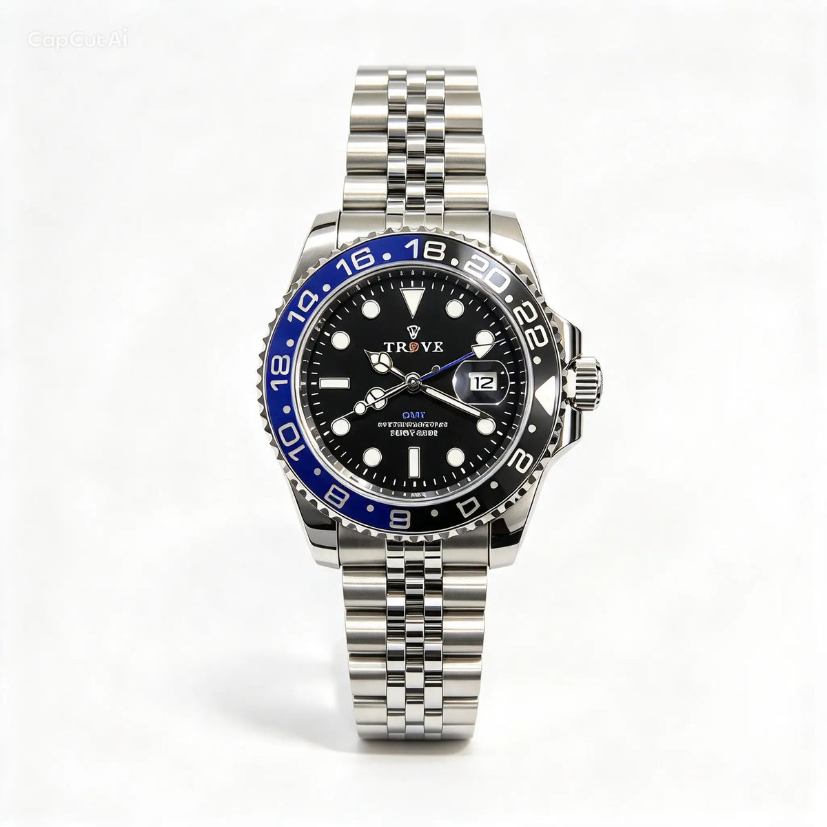 Men's stainless steel watch with black dial and blue bezel