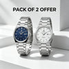 Pair of steel quartz wristwatches with blue and light gray dials on metal bracelets