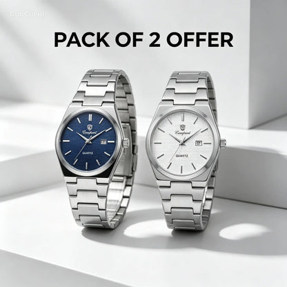 Pair of steel quartz wristwatches with blue and light gray dials on metal bracelets