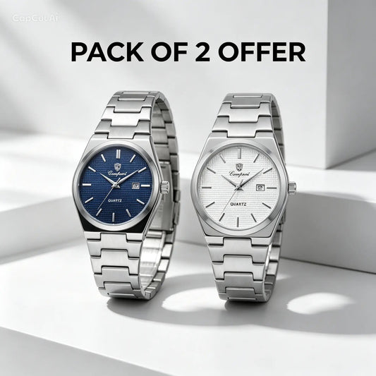Pair of steel quartz wristwatches with blue and light gray dials on metal bracelets