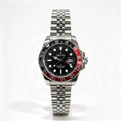 Men's stainless steel watch with black dial and red bezel