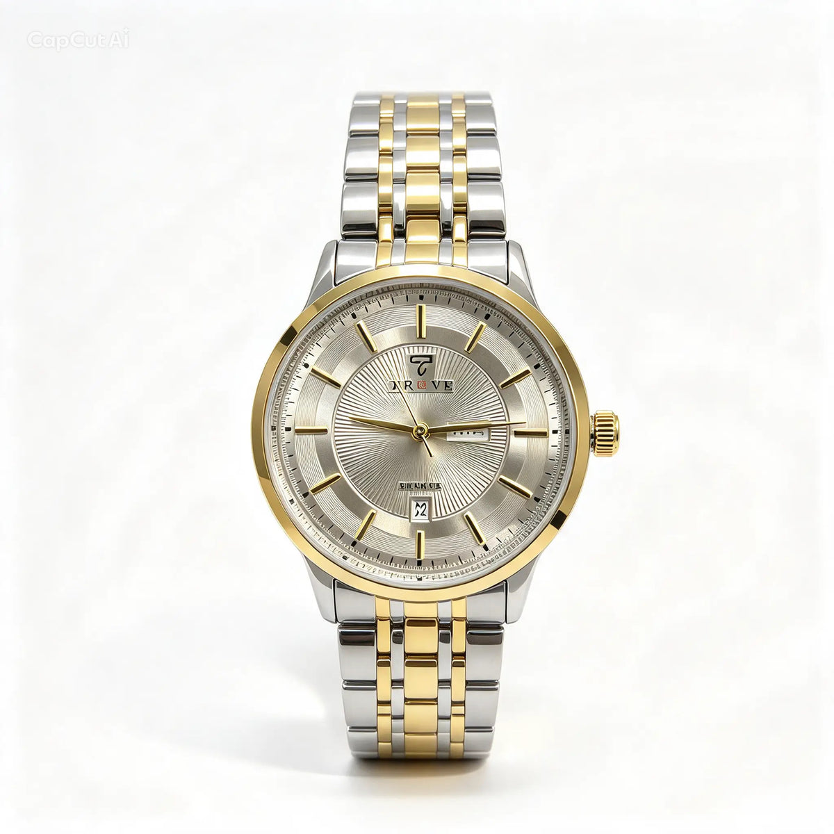 Two-tone metal bracelet watch with light silver dial, gold hands, round case