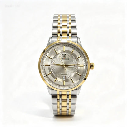 Two-tone metal bracelet watch with light silver dial, gold hands, round case