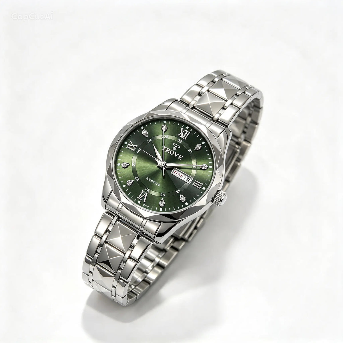 Silver diamond-cut glass watch with green dial, angled on metal bracelet
