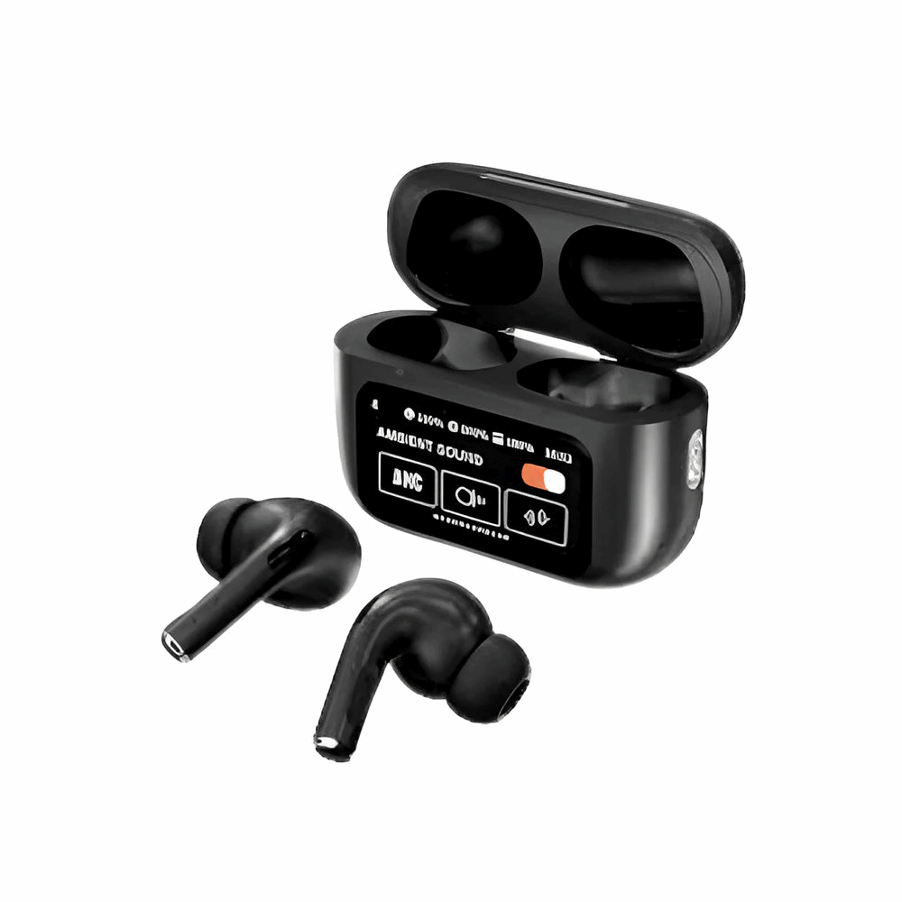 Black wireless Bluetooth earbuds with open charging case and two in-ear buds