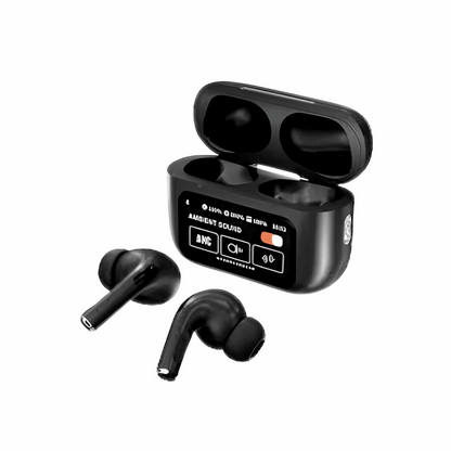 Black wireless Bluetooth earbuds with open charging case and two in-ear buds