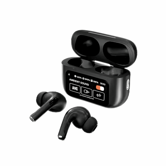 Black wireless Bluetooth earbuds with open charging case and two in-ear buds