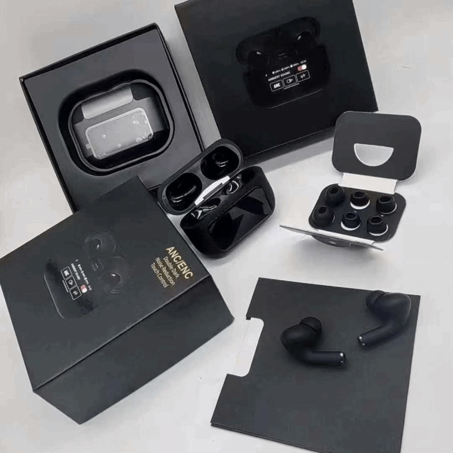 Black wireless earbuds, charging case, and extra tips in accessory packaging