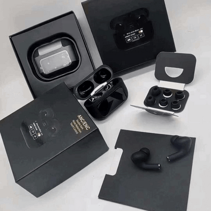 Black wireless earbuds, charging case, and extra tips in accessory packaging