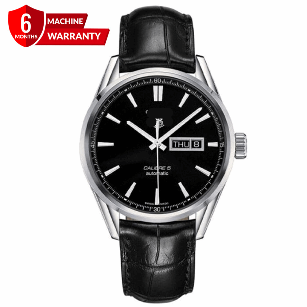 Men's leather strap watch with black dial, silver case, day-date window THU 8