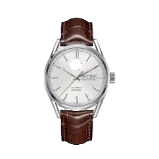 Men's leather strap watch, white dial with brown band and silver case