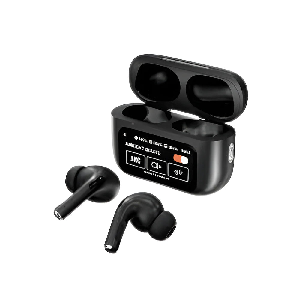 A9 Pro Black wireless Bluetooth earbuds with charging case and ear tips, black