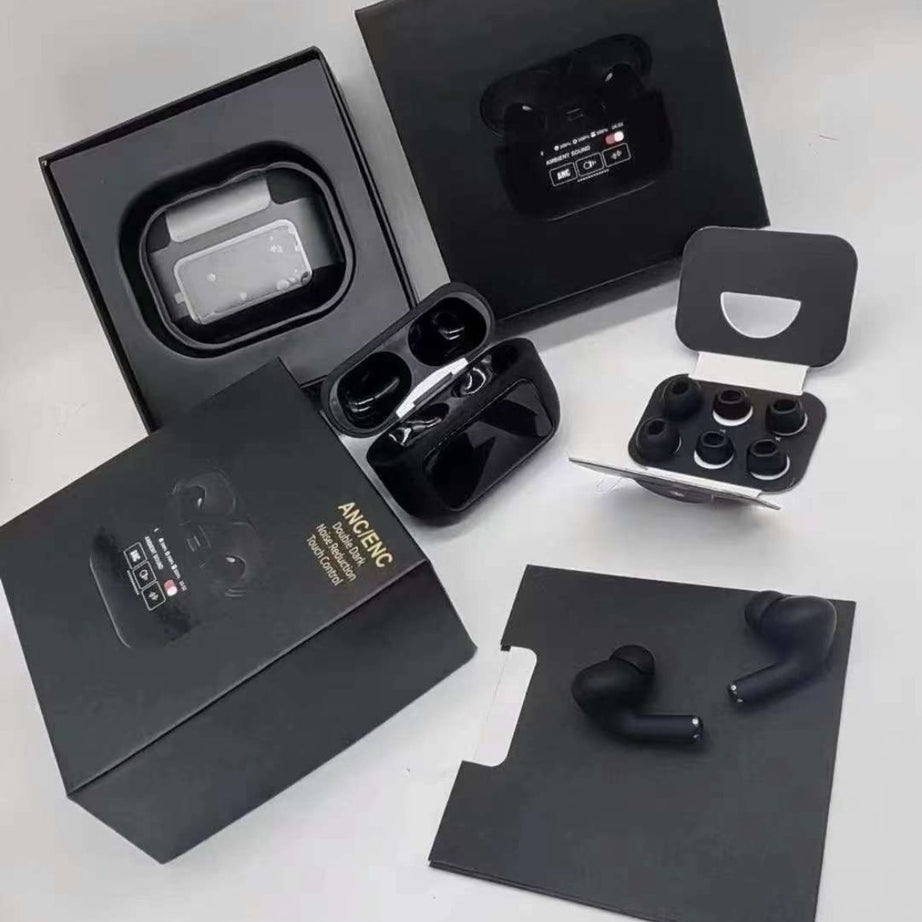 A9 Pro Black wireless Bluetooth earbuds kit with charging case, ear tips, and packaging