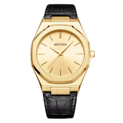 Waterproof leather strap watch, gold-tone case, black strap, cream-gold dial