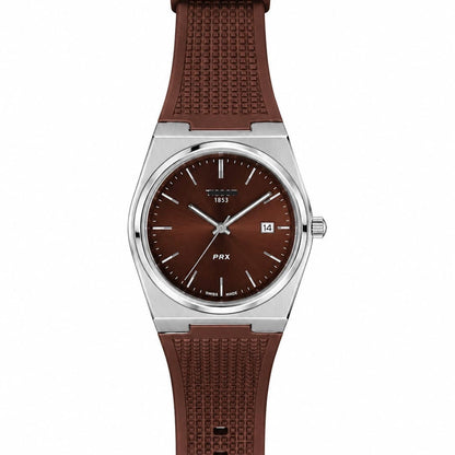 Men's silicone strap watch with brown dial and brown rubber band, round steel case.