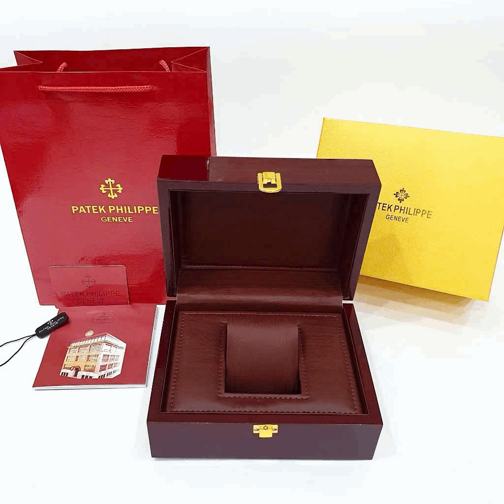 Brown leather watch box set, open with insert tray and papers and shopping bag