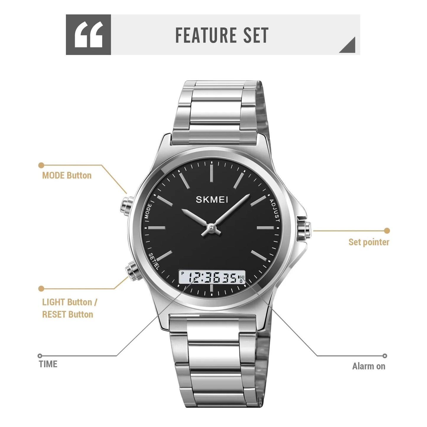 Men's Skmei waterproof wristwatch, black dial, steel bracelet