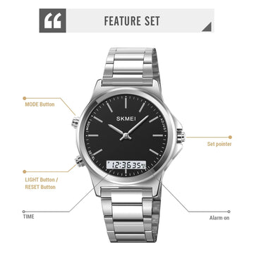 Men's Skmei waterproof wristwatch, black dial, steel bracelet