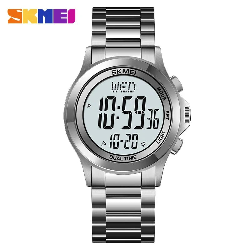 Skmei waterproof men's digital watch, silver case and band, dual time display