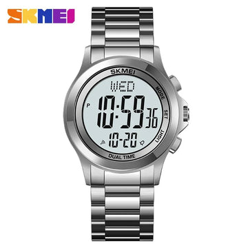 Skmei waterproof men's digital watch, silver case and band, dual time display
