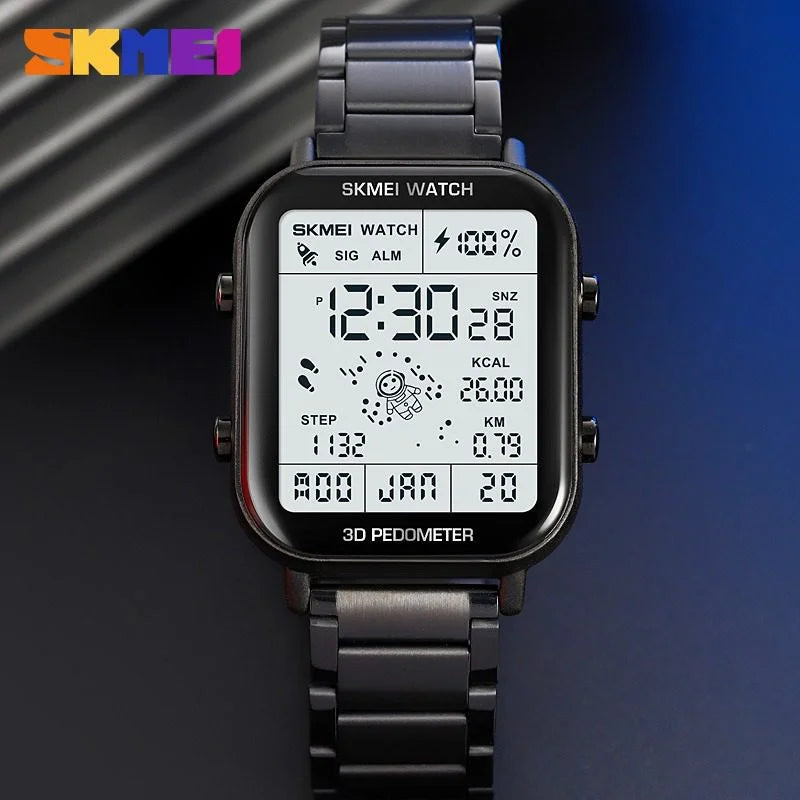 Men's digital waterproof watch with black display and stainless-steel link bracelet