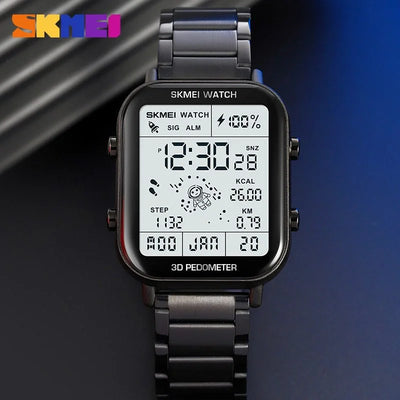 Men's digital waterproof watch with black display and stainless-steel link bracelet