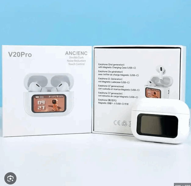 White wireless Bluetooth earbuds with charging case in retail box
