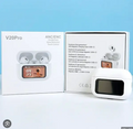 White wireless earbuds and charging case with display, shown with retail box