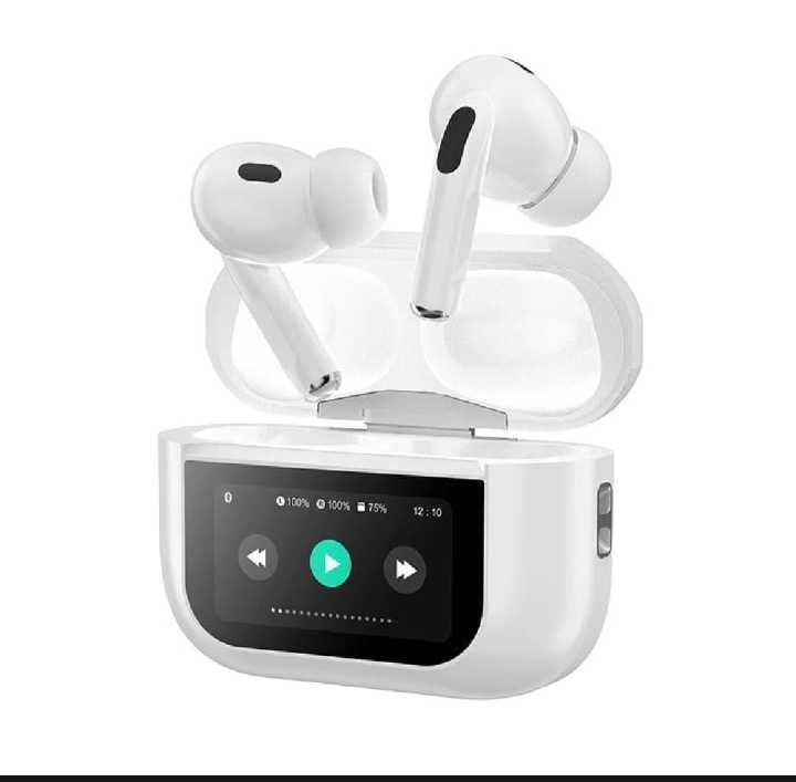 White wireless earbuds with open charging case showing control and battery icons
