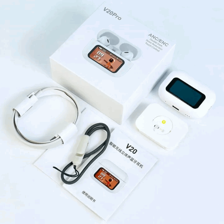 White wireless earbuds set with charging case, cable, and manual papers