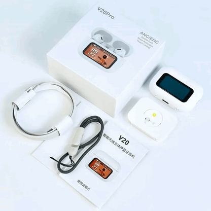 White wireless earbuds set with charging case, cable, and manual papers
