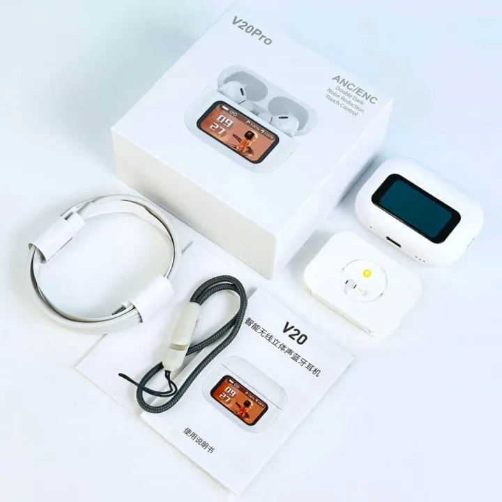 White wireless earbuds with charging case, cables and user cards in packaging